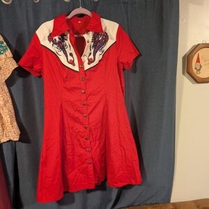 Red Western Shirt Dress with Embroidered Yoke